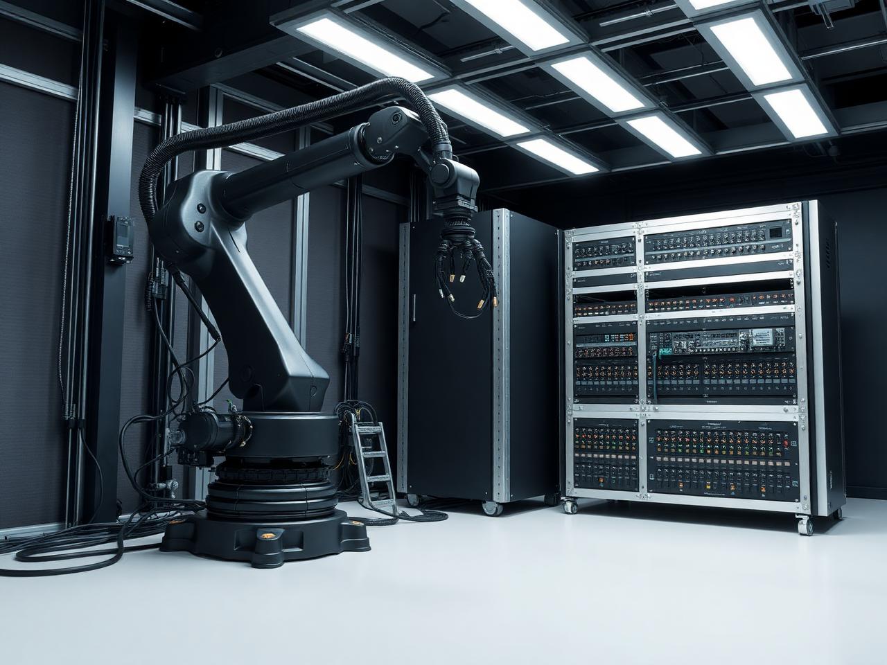 Brazo robótico industrial y rack modular de control.